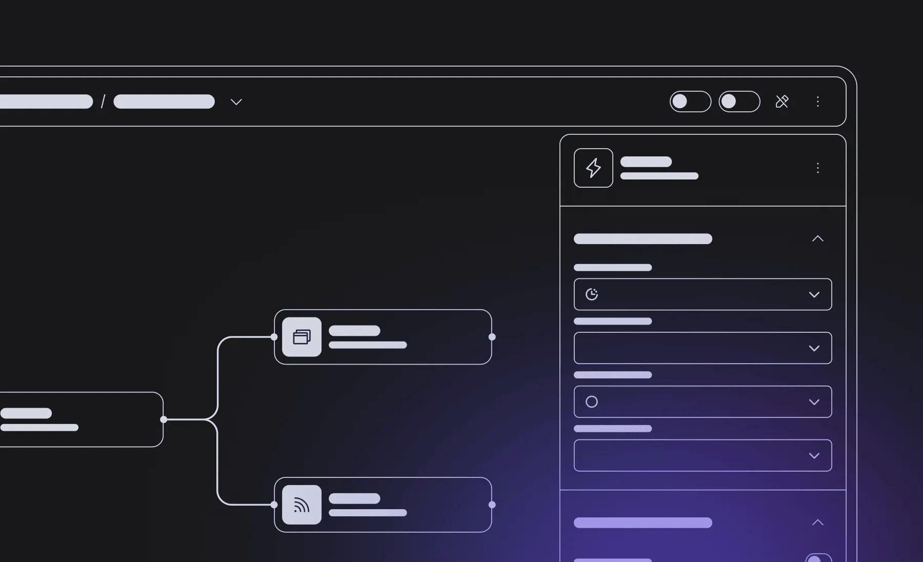 A graphic representing an interface with a diagram's part, a sidebar and navbar.