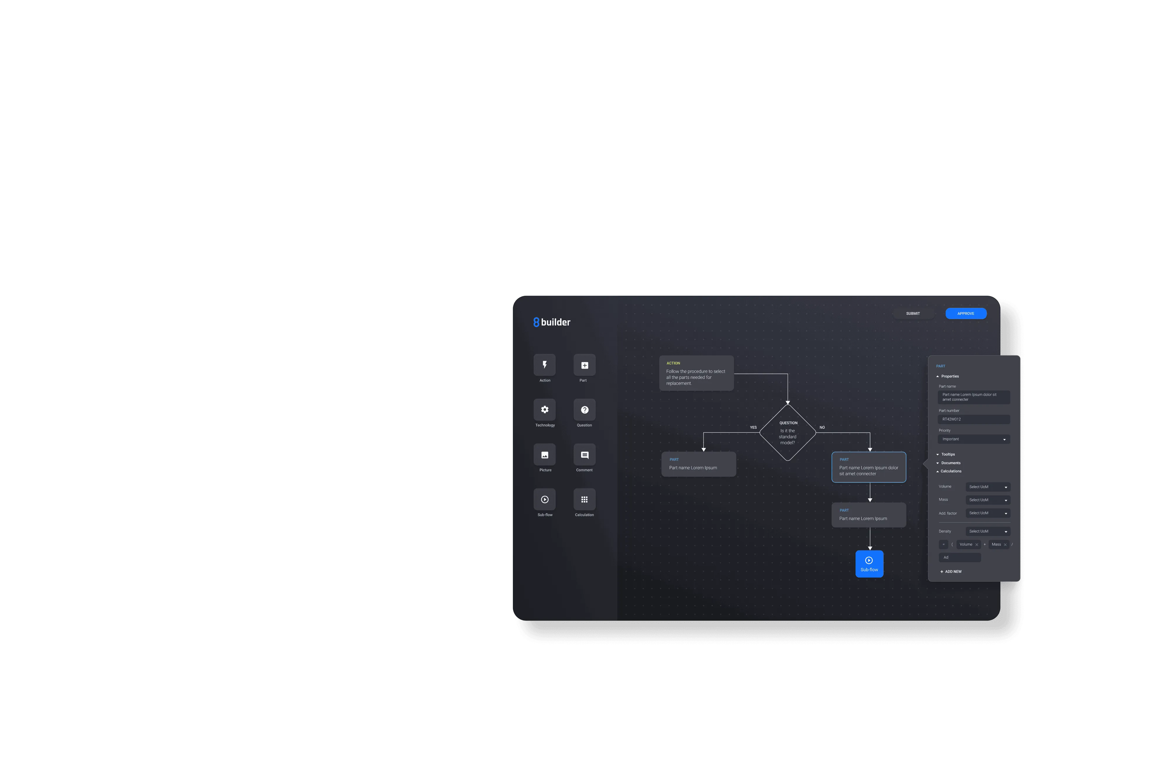 User interface of an 8builder product configurator showing a dark-themed flowchart with nodes for actions, questions, parts, and calculations, along with a properties panel on the right for editing part details.