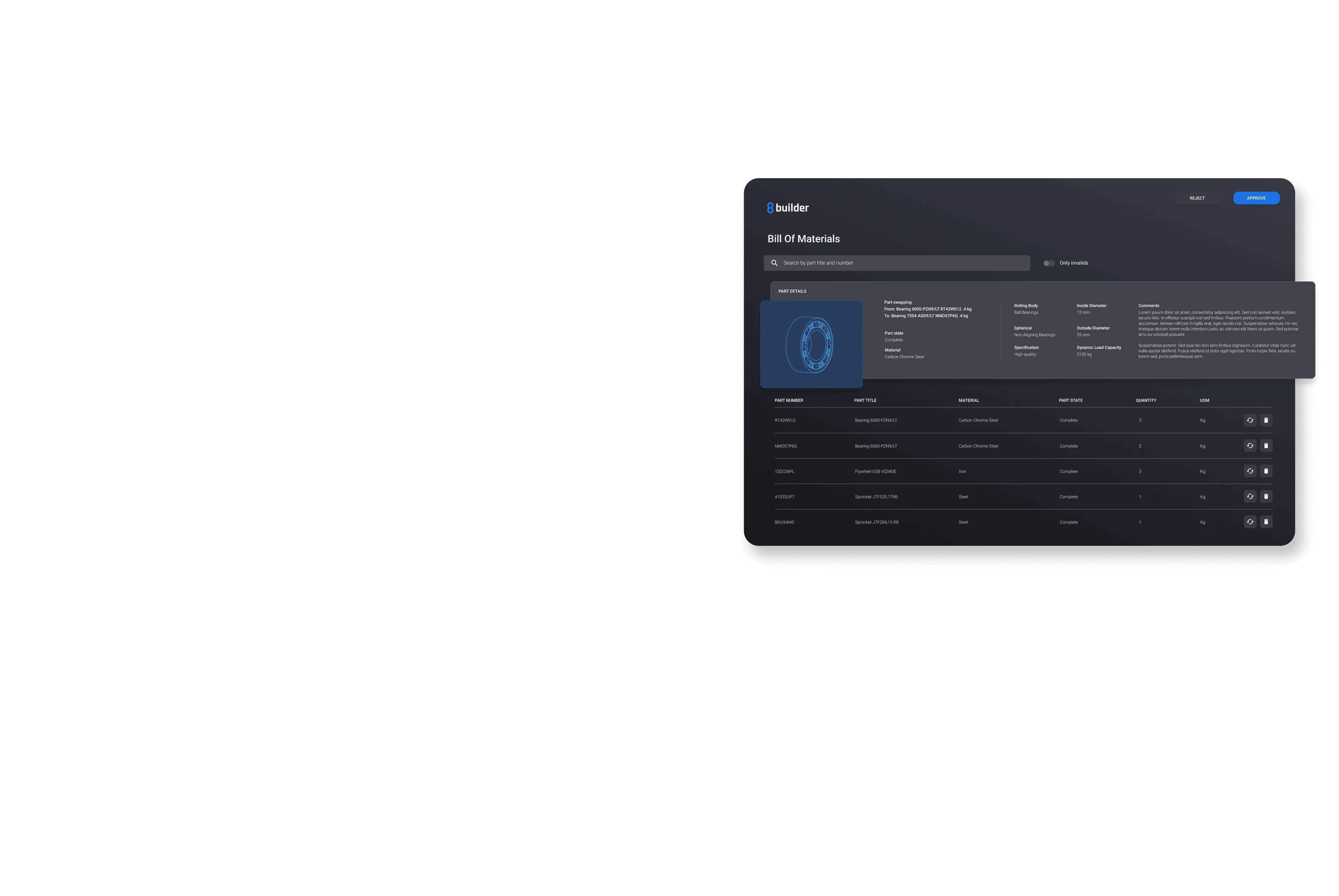 Dark-themed software interface displaying a Bill of Materials with part numbers, titles, materials, statuses, quantities, and a detailed part view of a bearing.