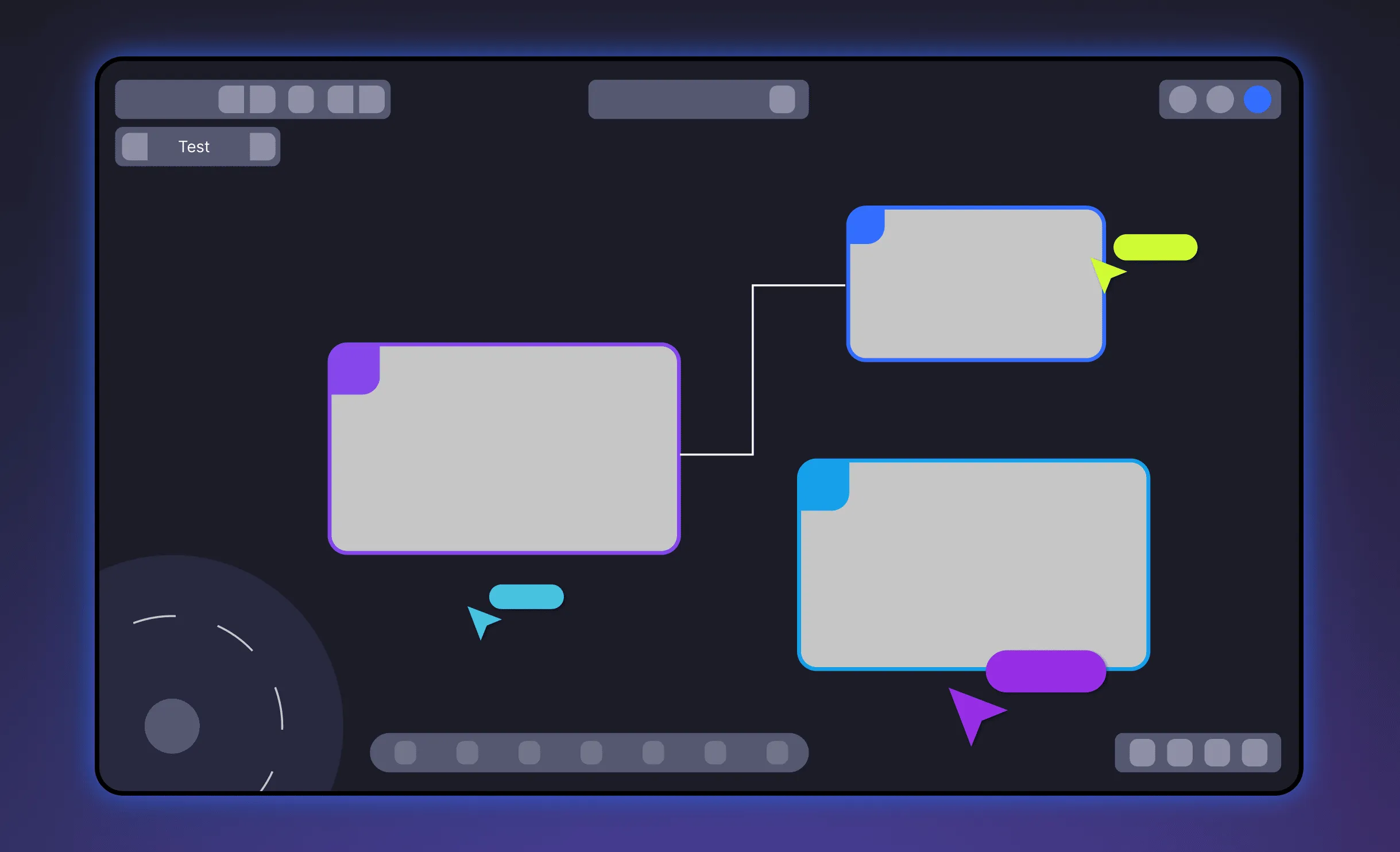 Flow diagram UI with three connected node cards and multiple user cursors in bright colors.