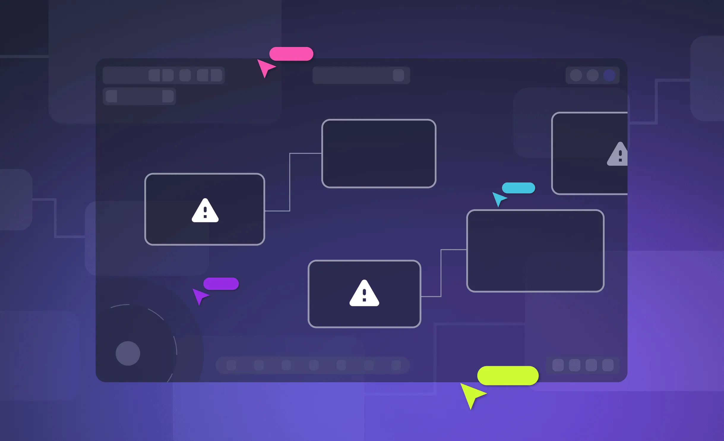 Collaborative diagram interface with warning icons and colored user cursors indicating live activity.