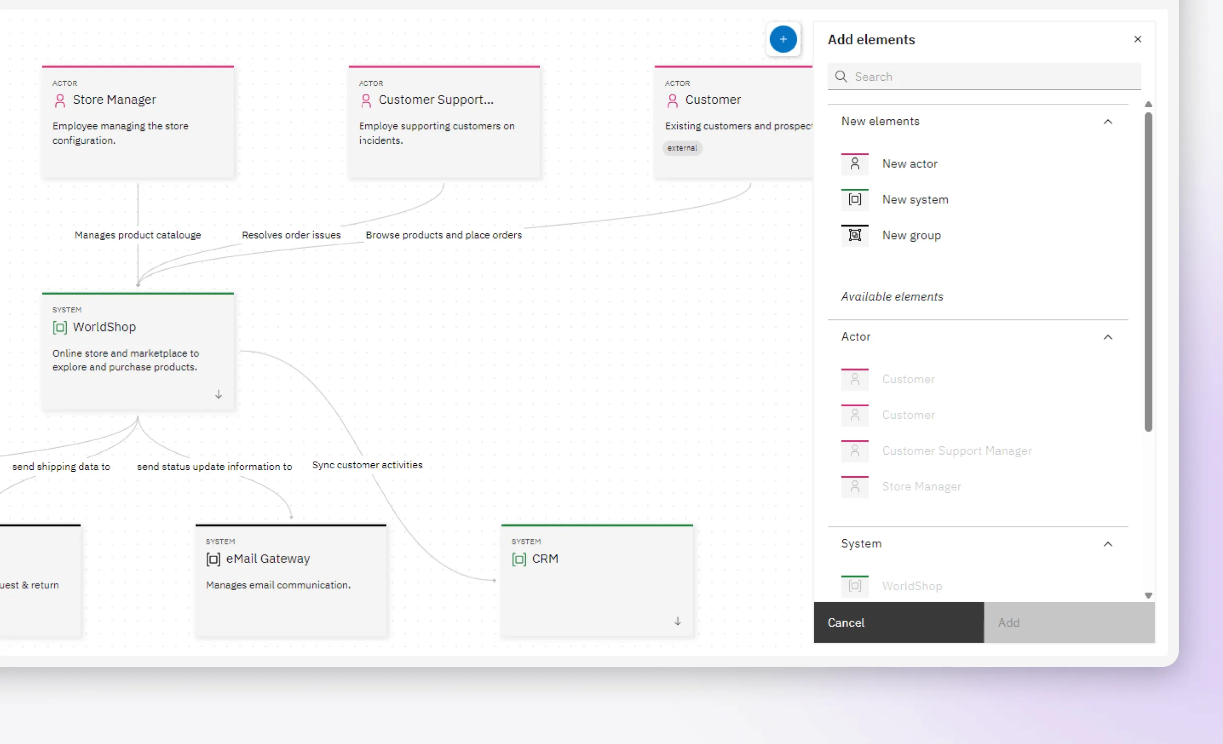 UI of an application presenting a diagram consisting of seven nodes connected to each other.