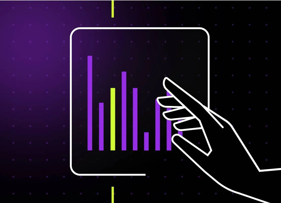 Stylized hand interacting with a floating bar chart featuring purple and green bars on a dark purple dotted background.