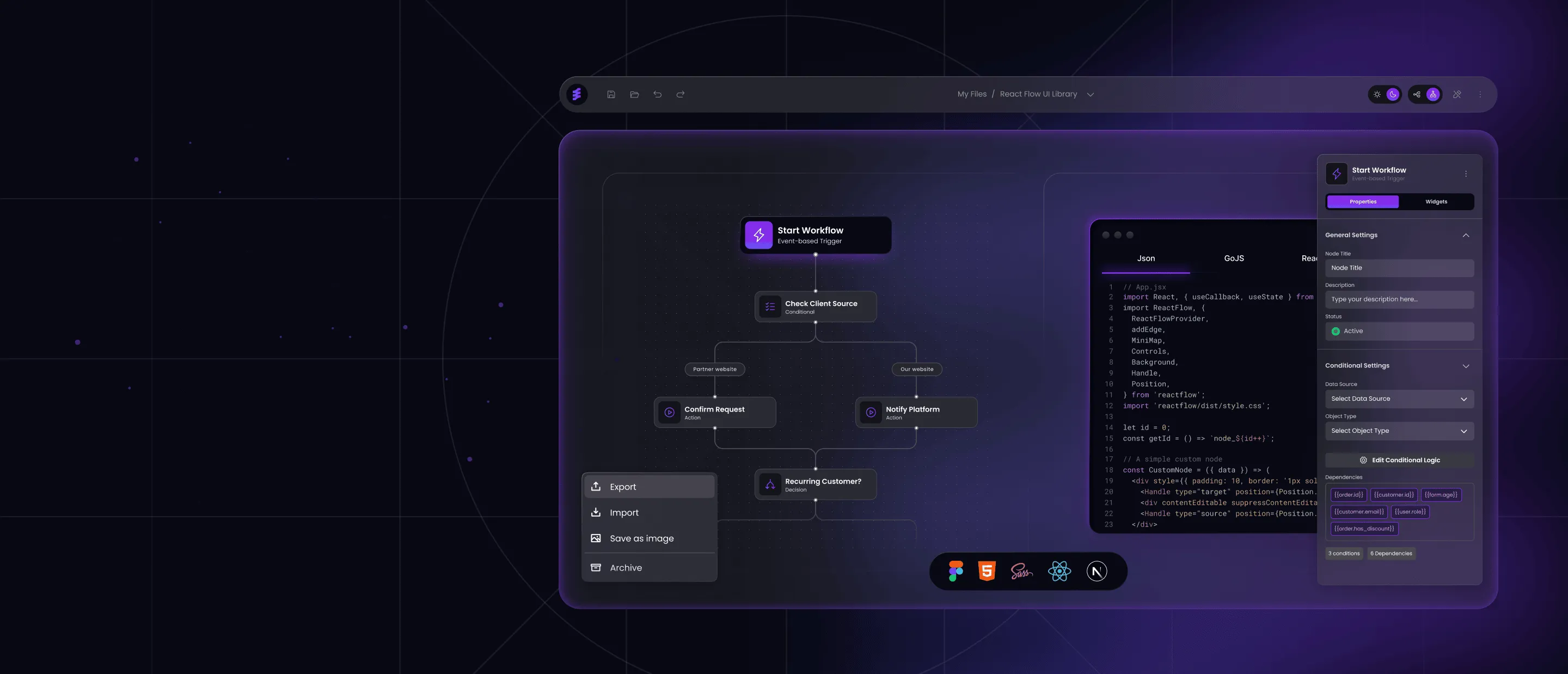 Dark-themed UI showing a flow-based workflow editor with node properties panel, export options, and embedded JSON code preview.