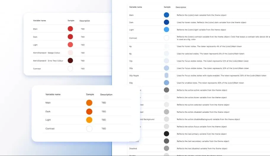 Screenshots of color token tables showing variable names, color samples, and descriptions for design system themes.