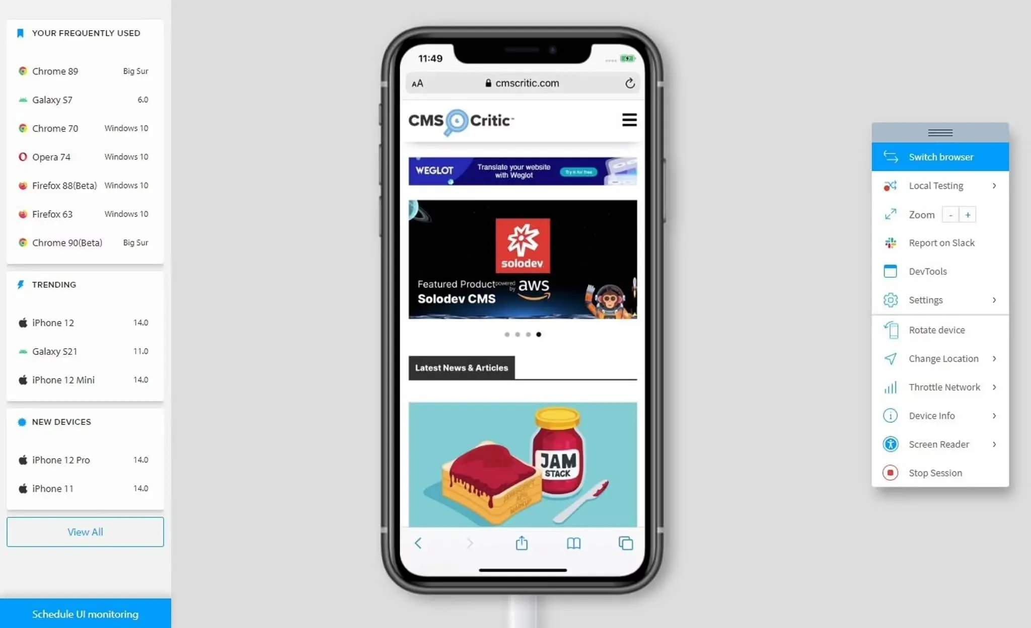 Smartphone displaying CMS Critic website with Solodev CMS featured product and a jam sandwich illustration, flanked by UI monitoring options and device settings menu.