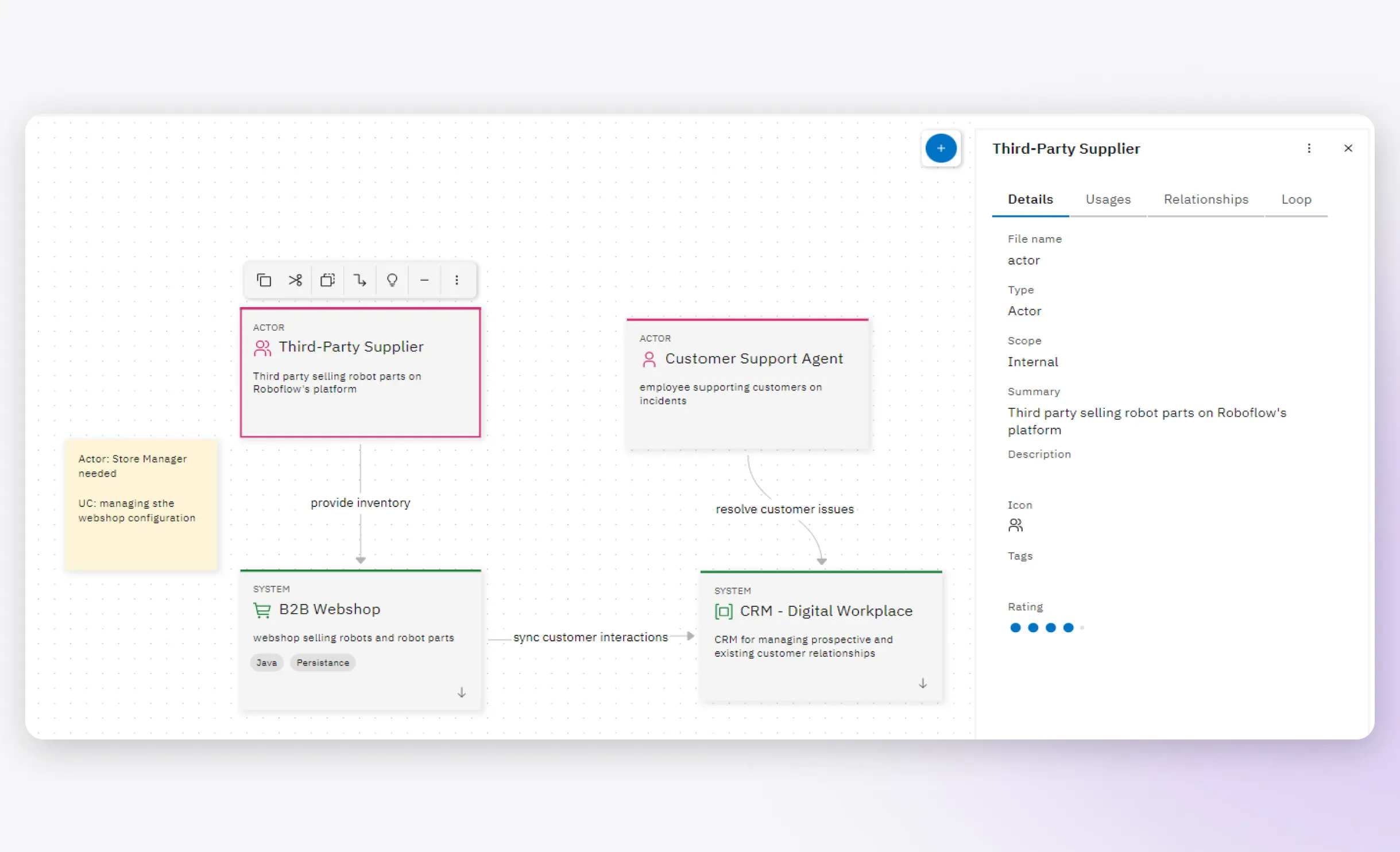 An application's UI. It shows a diagram on a canvas. Above one of its node there's a context menu. On the right there's a properties sidebar.
