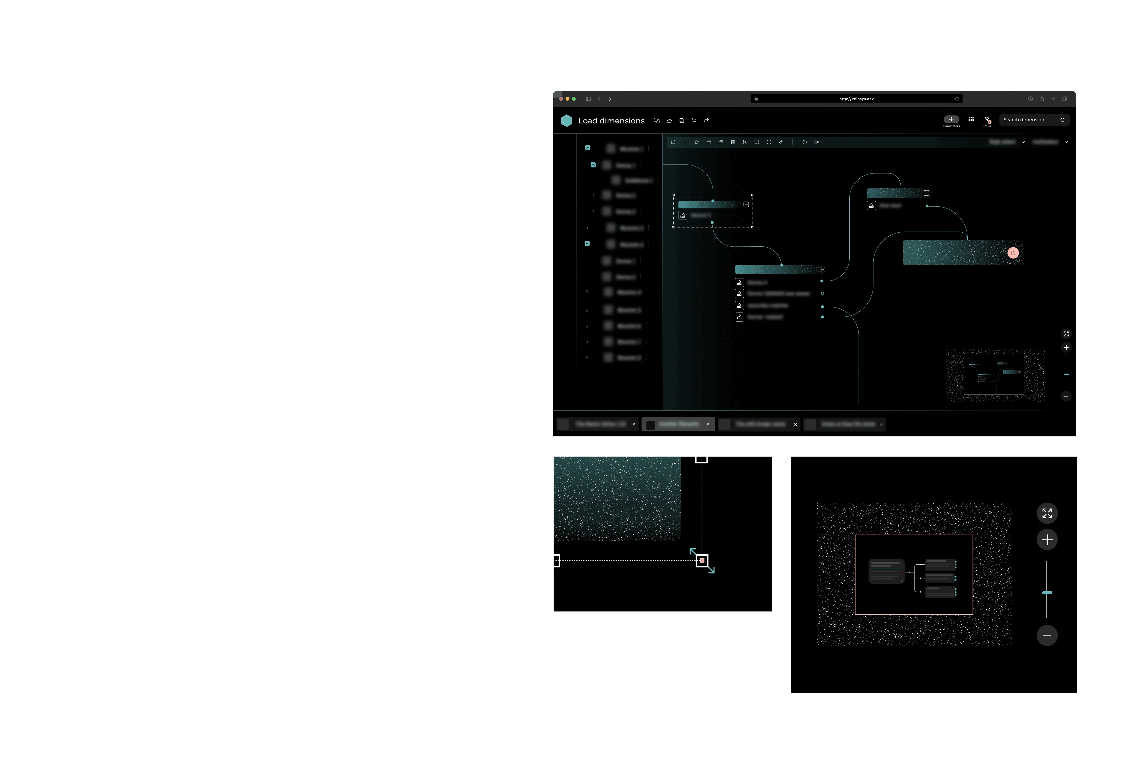 Dark-mode interface of a data flow editor with multiple tabs and a highlighted modular structure.
