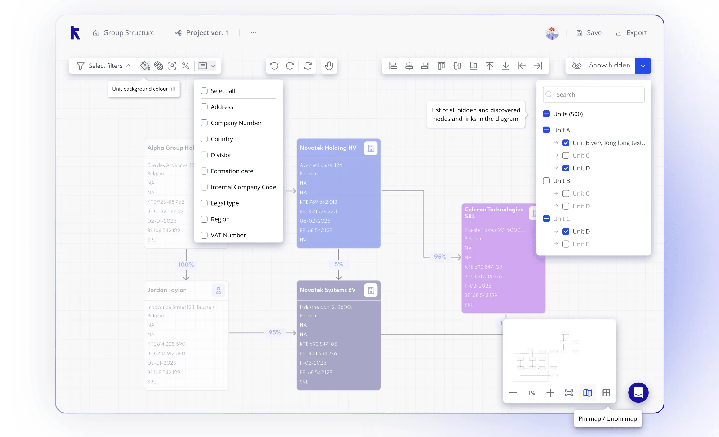 Interface with tooltip-driven filters and a dropdown for revealing hidden units and metadata fields.
