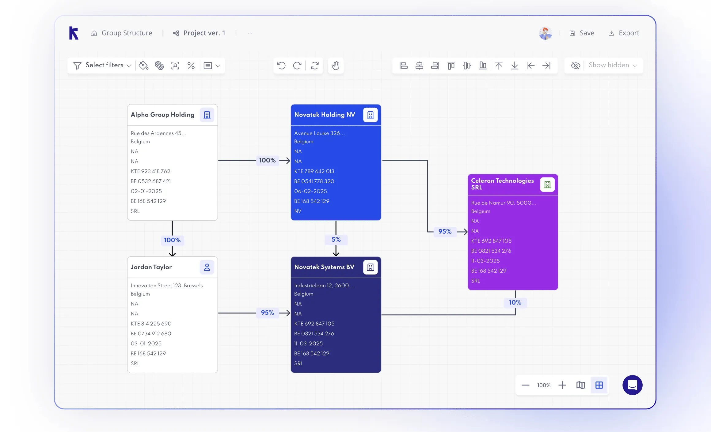 Clean, modern UI displaying a connected ownership structure with colorful, interactive company nodes and relationship lines.