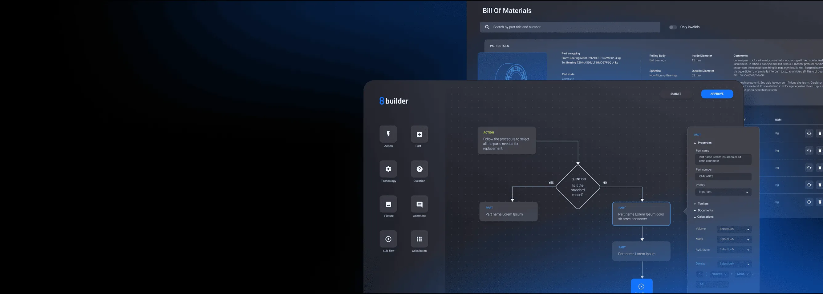User interface of 8builder software showing a flowchart for selecting replacement parts with buttons for action, part, technology, question, picture, comment, sub-flow, and calculation.