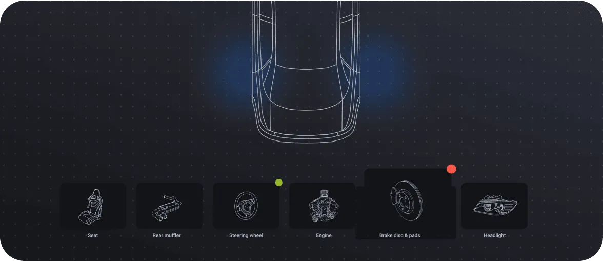 Top-down car outline with highlighted front corners, and icons below representing car parts: seat, rear muffler, steering wheel, engine, brake disc and pads, and headlight, with brake disc and pads icon marked red.
