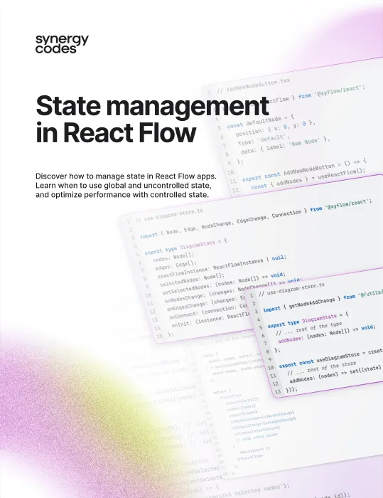 Synergy Codes cover image titled 'State management in React Flow' with code snippets in the background and subtitle about managing state in React Flow apps.