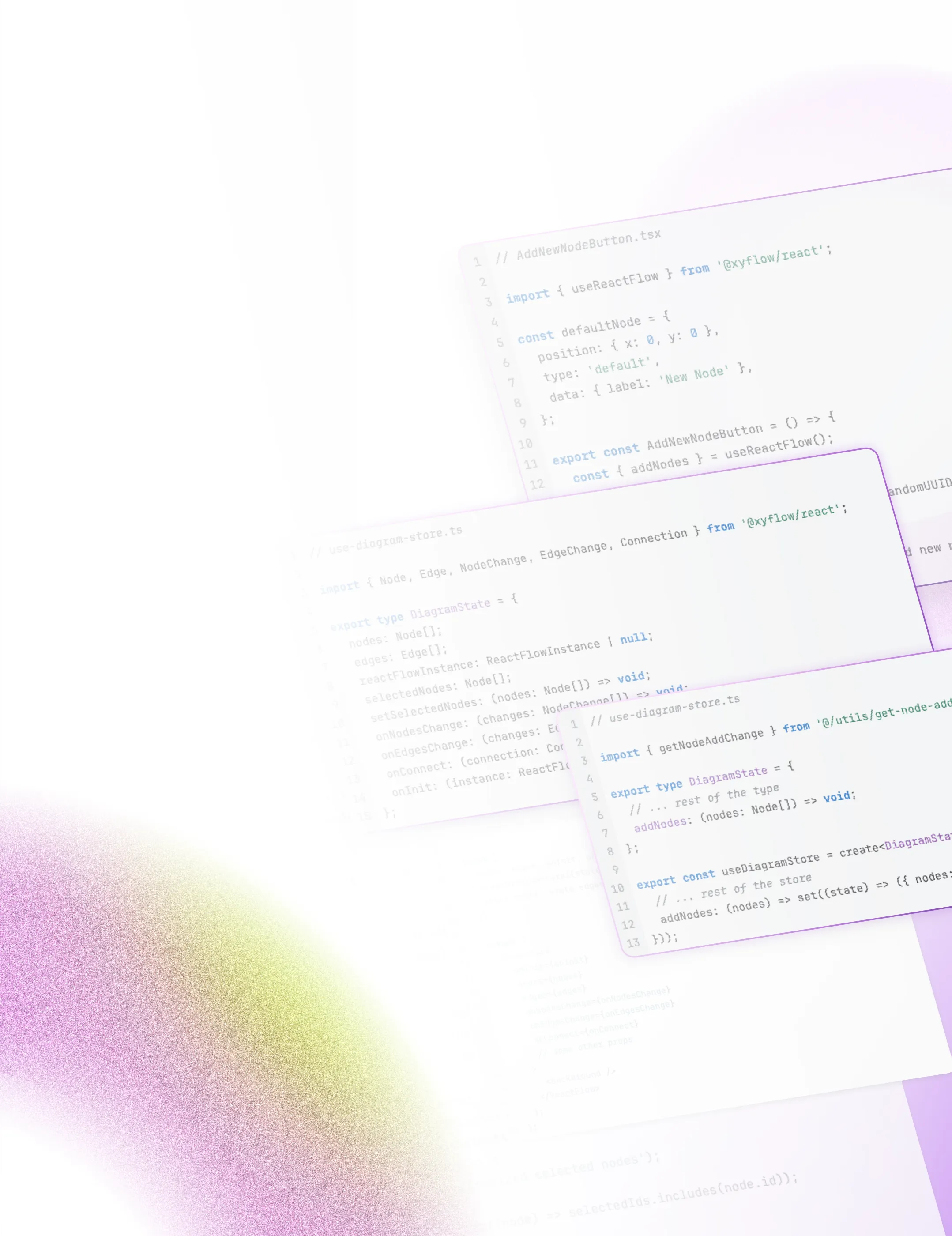 Faintly visible overlapping code snippets with colorful gradient overlays in purple and yellow on a light background.
