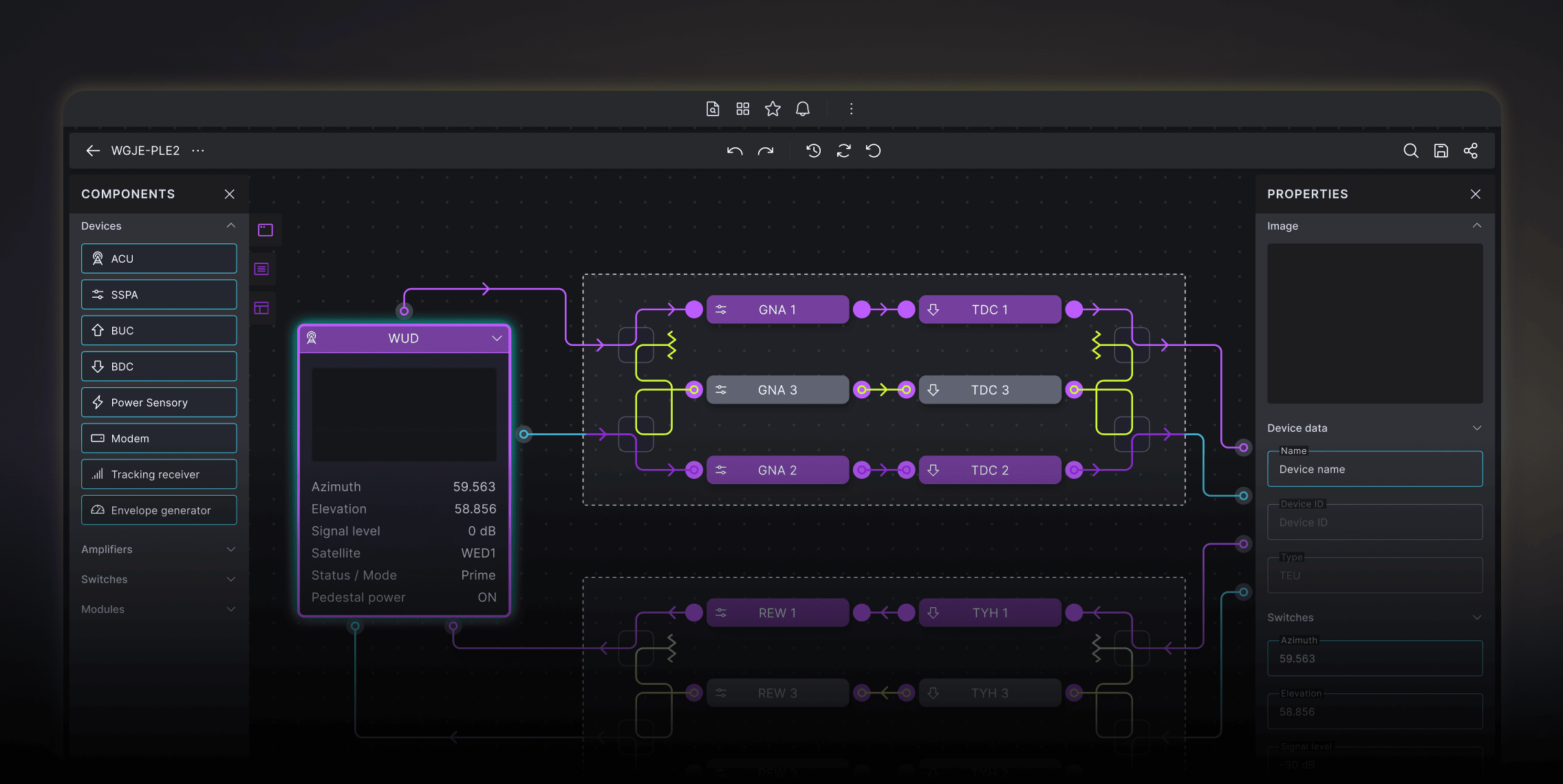 Dark-themed technical interface displaying a satellite device configuration diagram with purple and yellow lines.