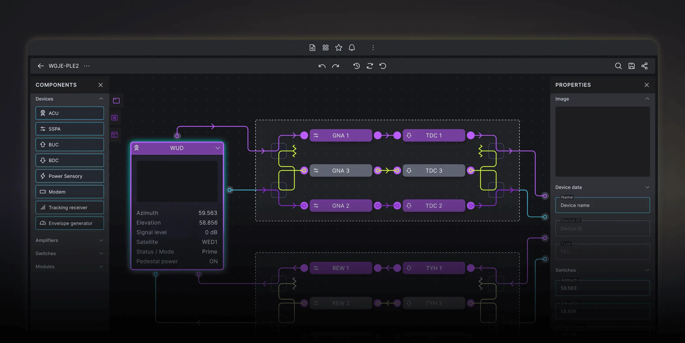Dark-themed technical interface displaying a satellite device configuration diagram with purple and yellow lines.