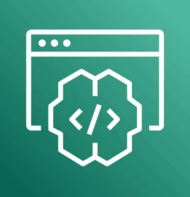 White icon of a browser window and a code symbol on a green background, representing Amazon's CodeWhisperer AI coding assistant.