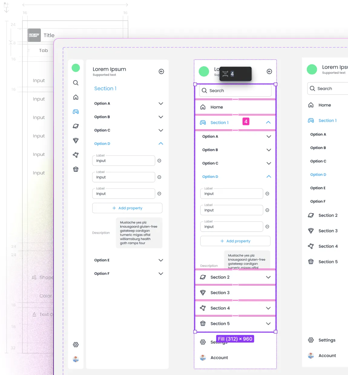 UI design showing a sidebar navigation with sections and nested options, search bar, input fields, and icons for home, settings, and account.