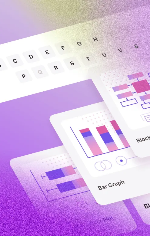 Abstract digital collage with parts of a keyboard and data visualization cards labeled Bar Graph and Block Diagram on a purple gradient background.