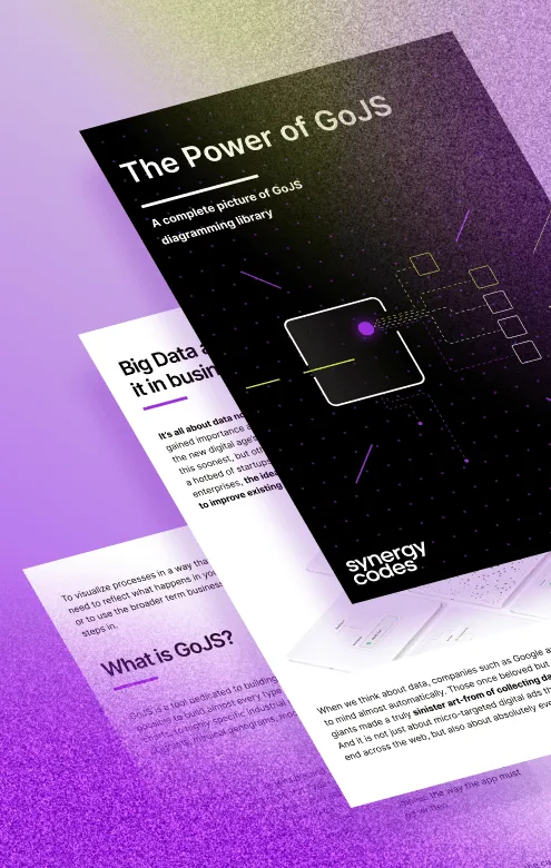 Digital illustration of overlapping pages with titles about GoJS, a diagramming library, and big data in business, set on a purple gradient background.