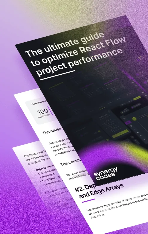 Cover page of a digital guide titled 'The ultimate guide to optimize React Flow project performance' with overlapping pages showing text about dependencies and edge arrays, and the Synergy Codes logo.