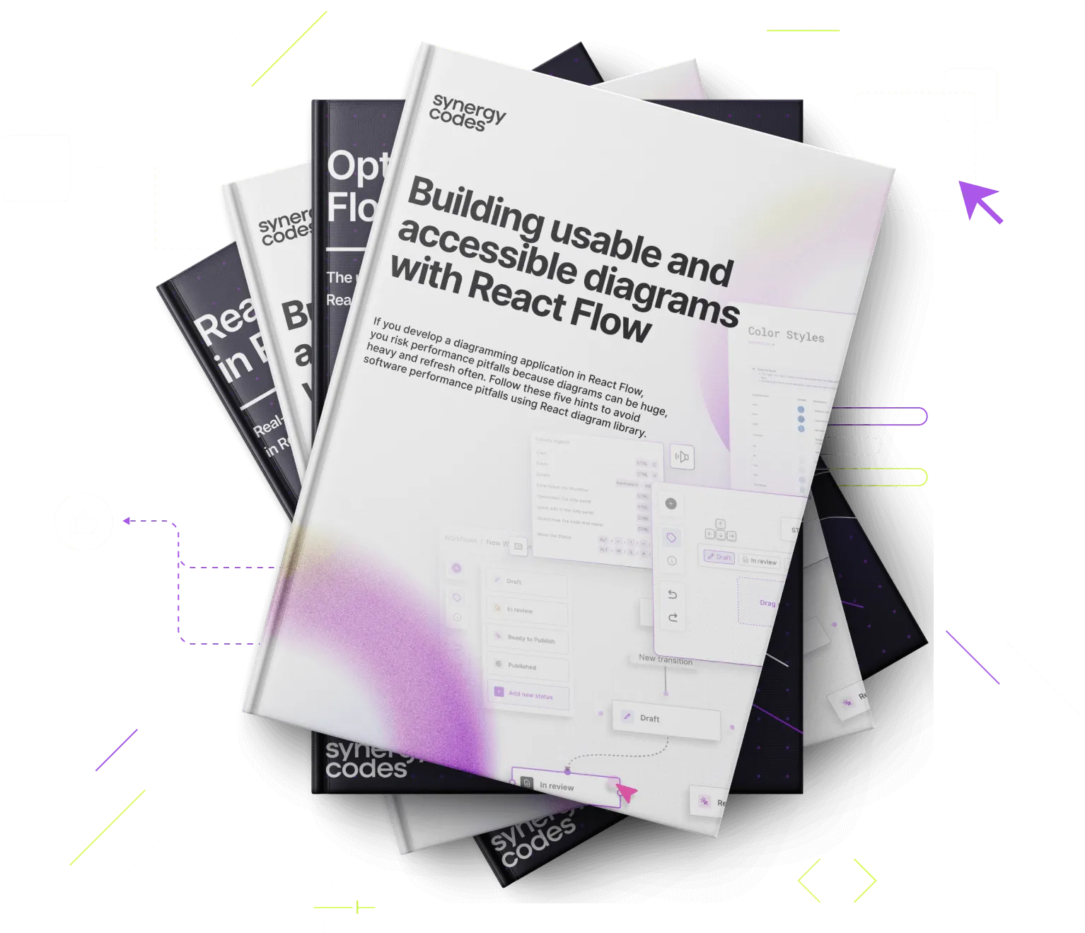 Stack of Synergy Codes booklets with the top one titled 'Building usable and accessible diagrams with React Flow', featuring diagram interface screenshots and purple design accents.