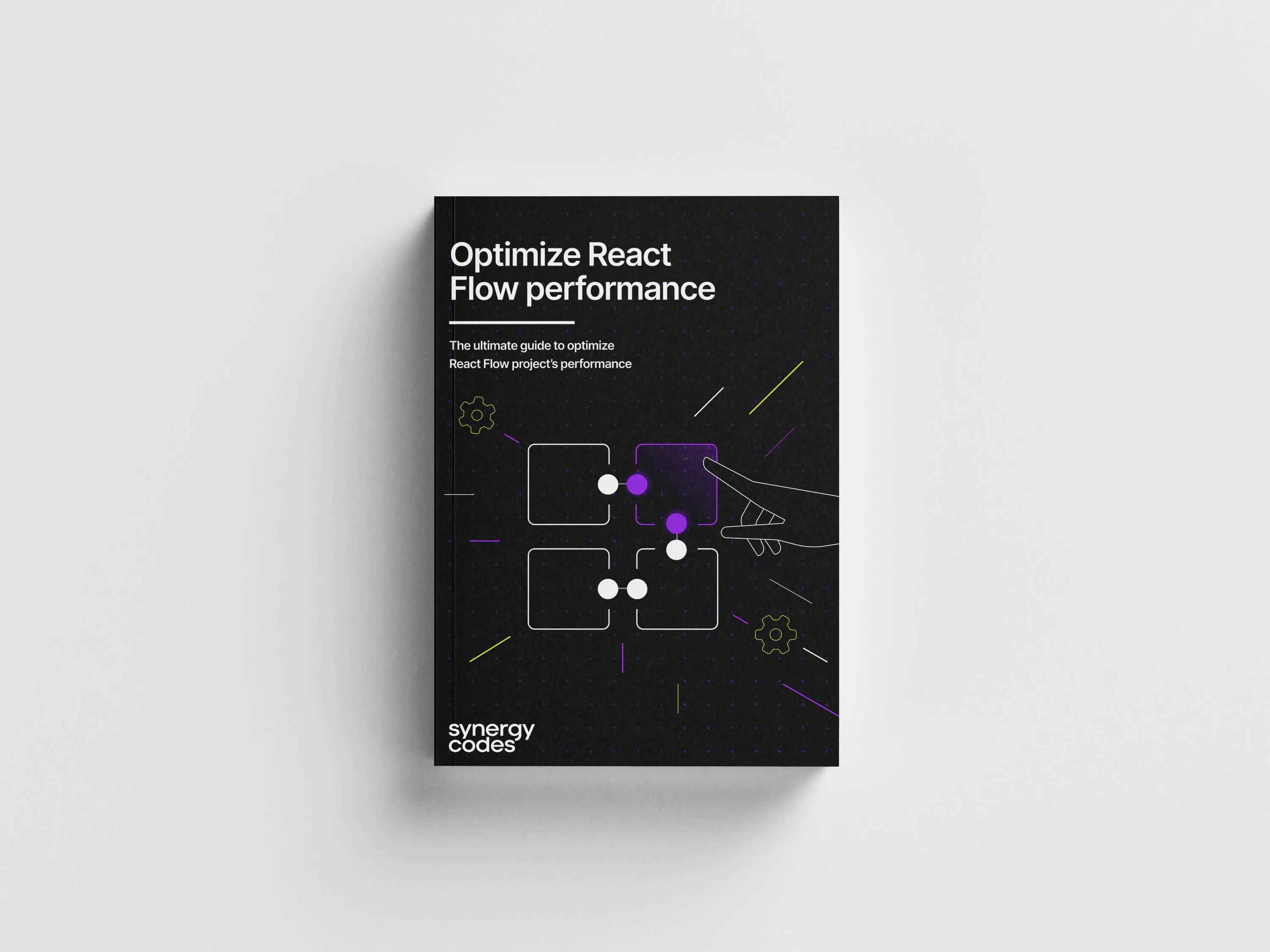 Book titled 'Optimize React Flow performance' with a black cover featuring a hand pointing at a purple square connected to other white and purple dots, from synergy codes.