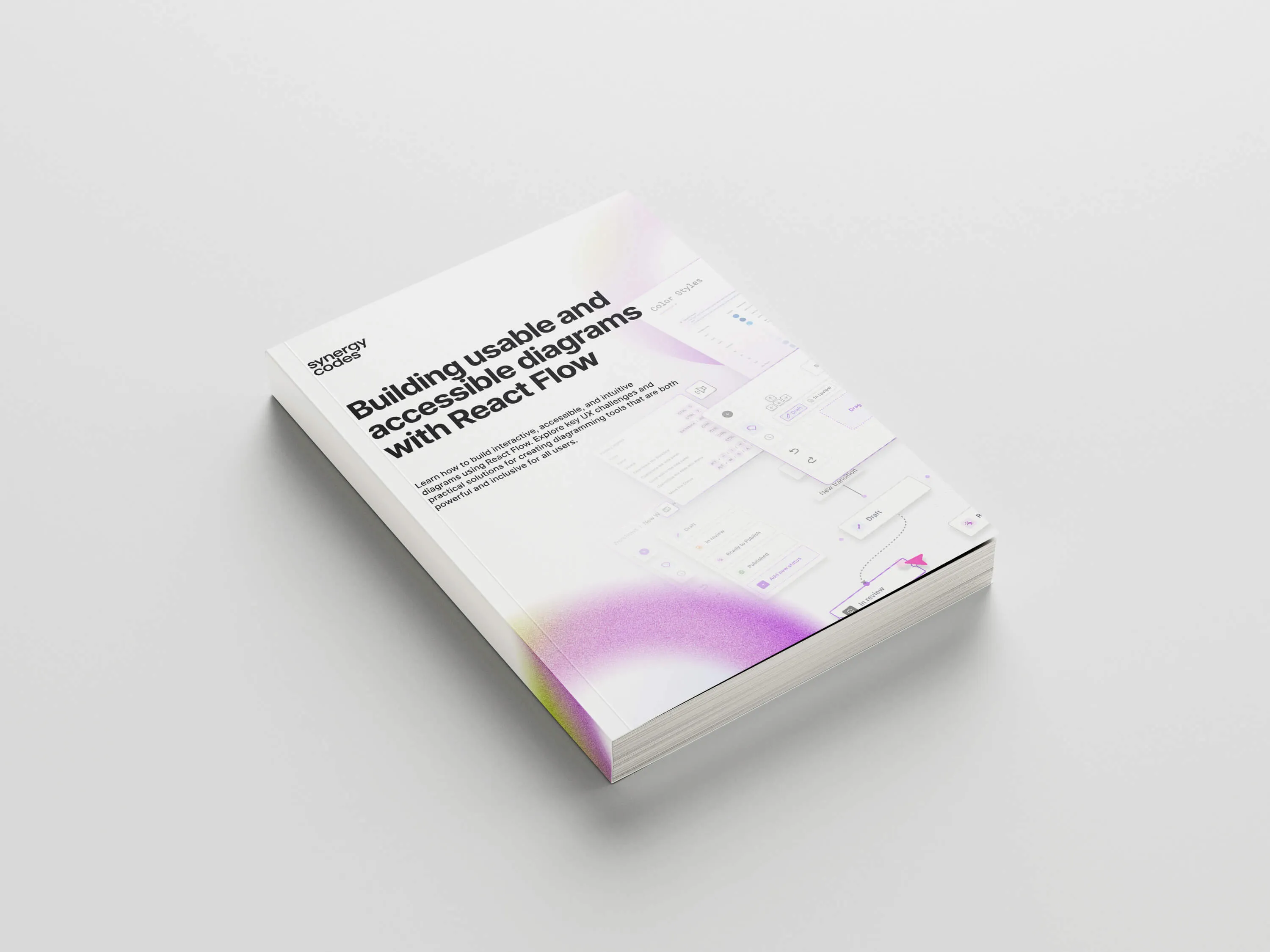 Book titled 'Building usable and accessible diagrams with React Flow' by Synergy Codes featuring a white cover with purple gradient and UI diagram elements.