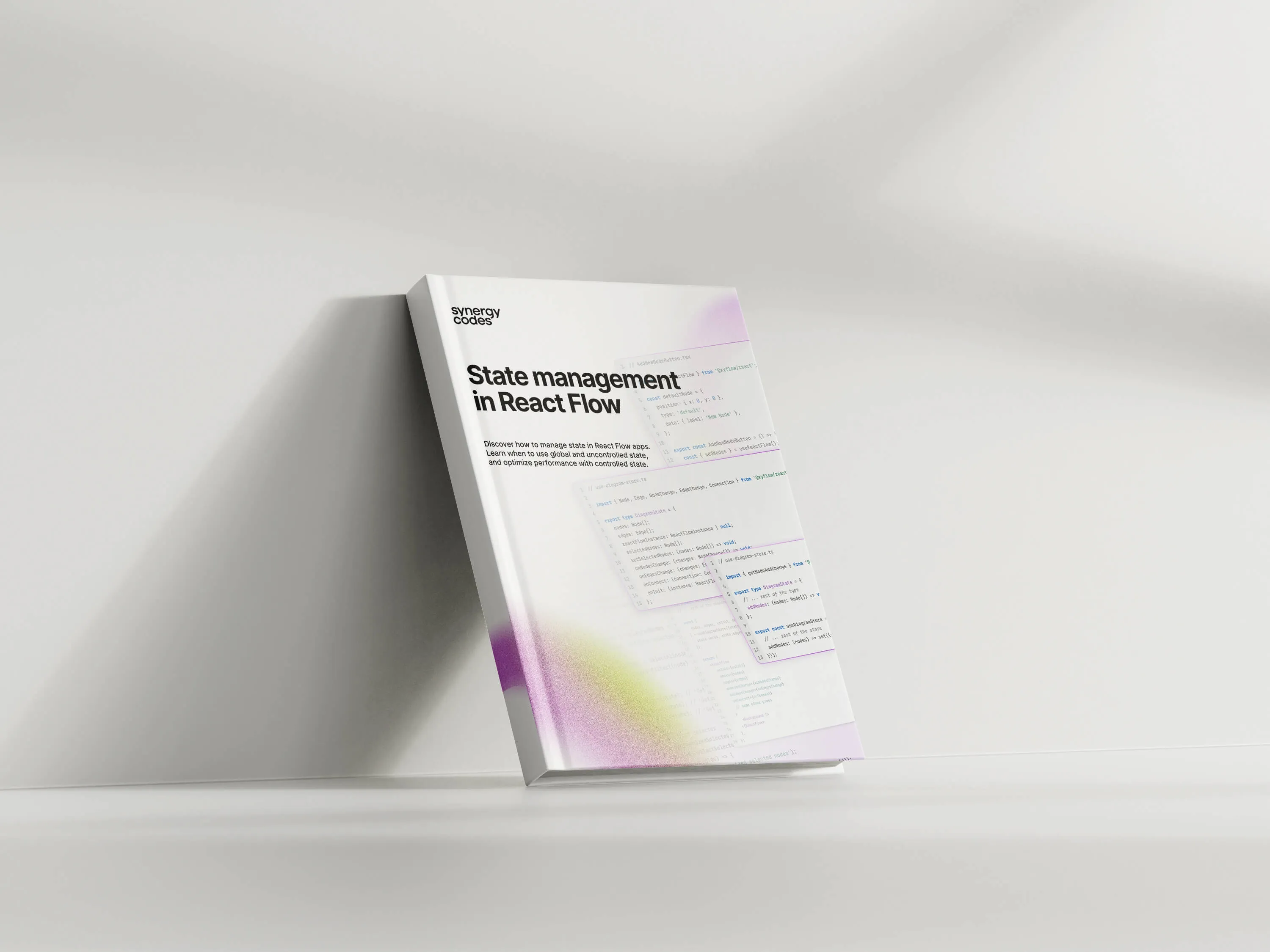 Book titled 'State management in React Flow' by Synergy Codes with code snippets on the cover leaning against a light gray wall.