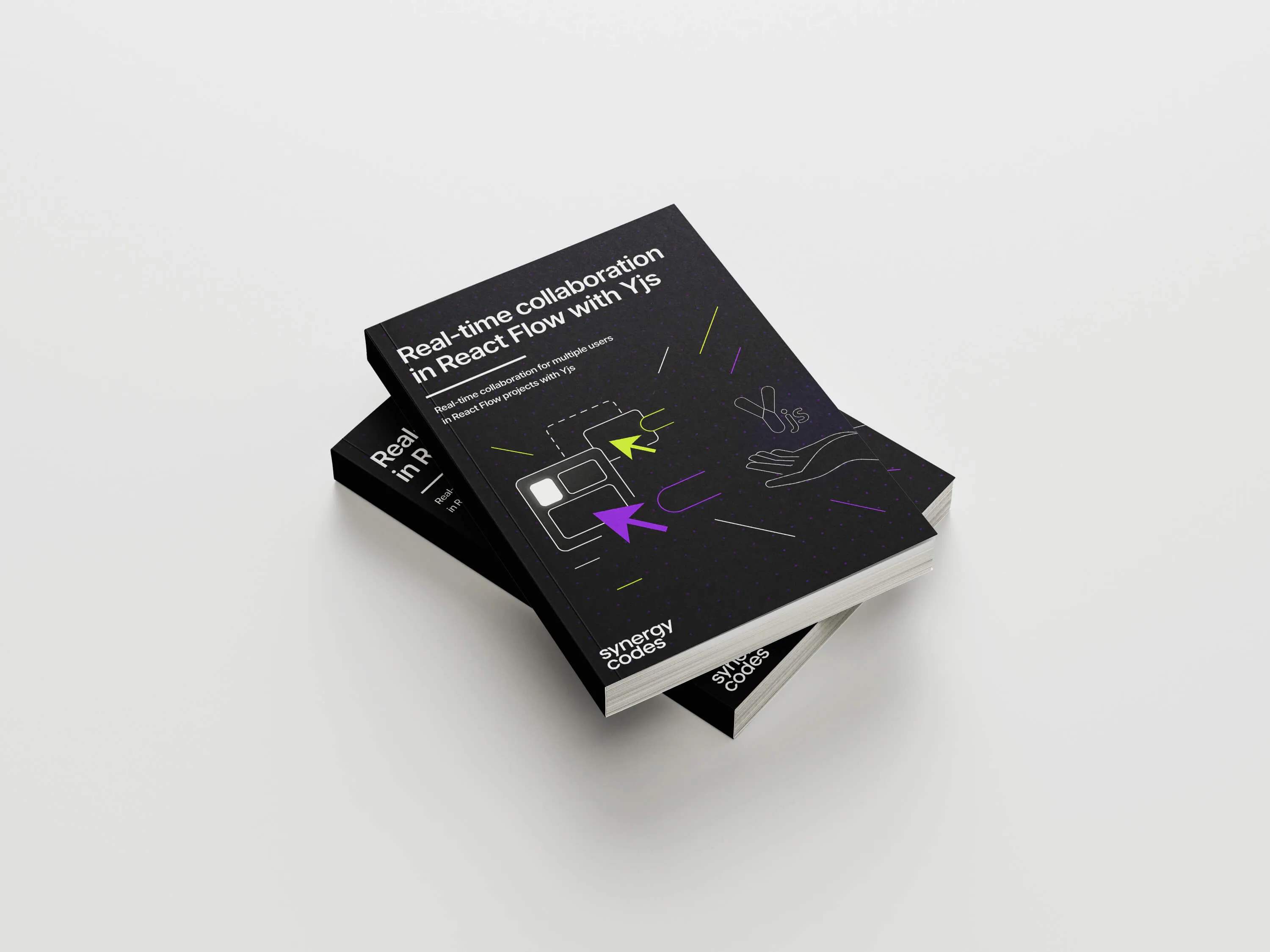 Two stacked books titled 'Real-time collaboration in React Flow with Yjs' with abstract hand and arrow illustrations on the cover.