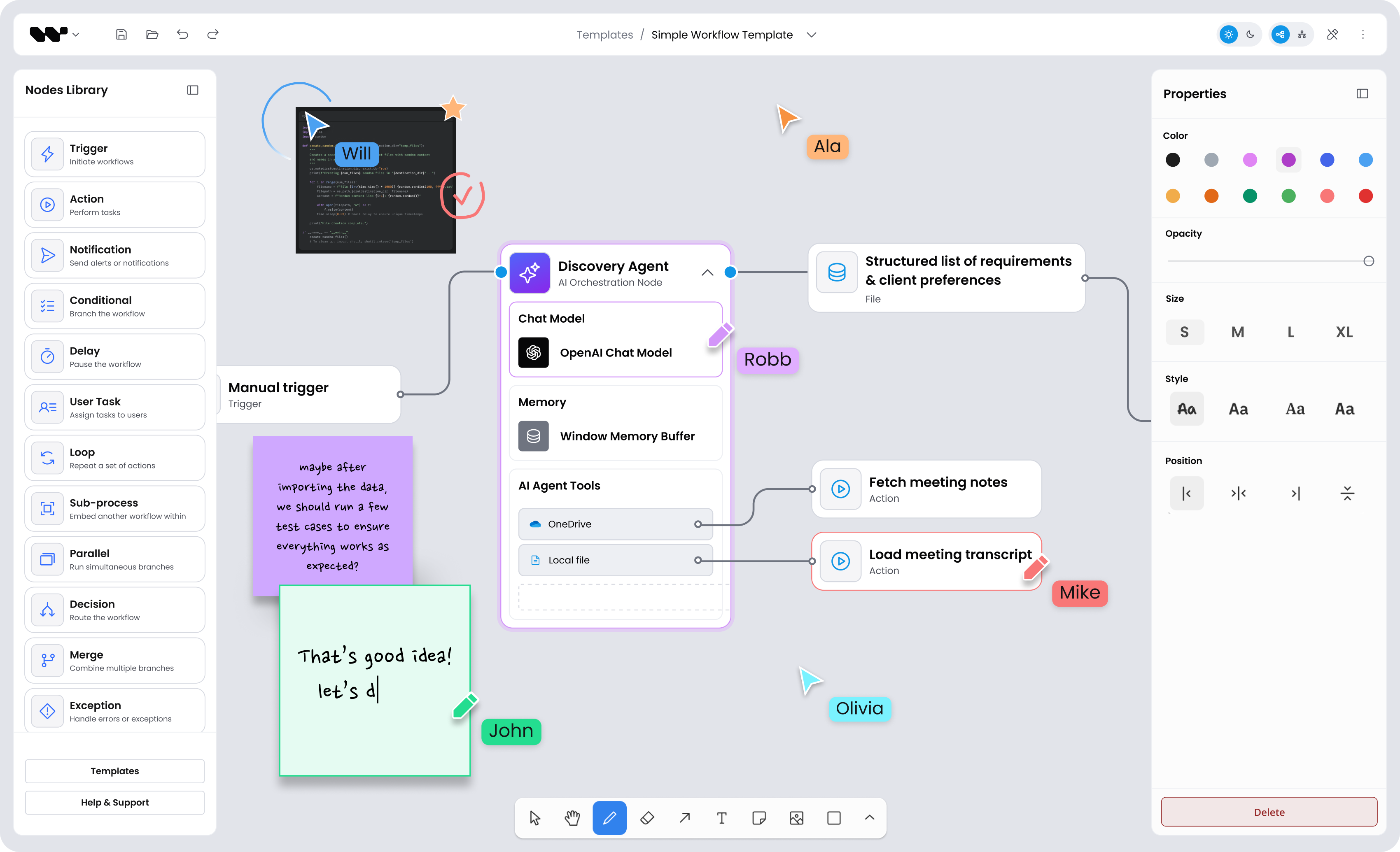 interface displaying a visual workflow editor with connected blocks for AI agents, meeting notes, and manual triggers – example of low-code diagram editing in tldraw