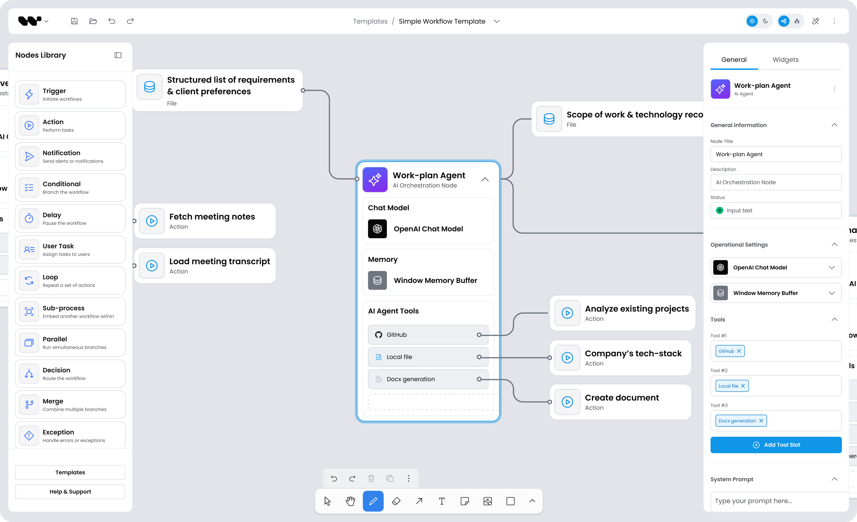 interface with a visual representation of an AI agent workflow – diagram shows structured task flow, memory handling, and editable agent properties in the right-hand panel