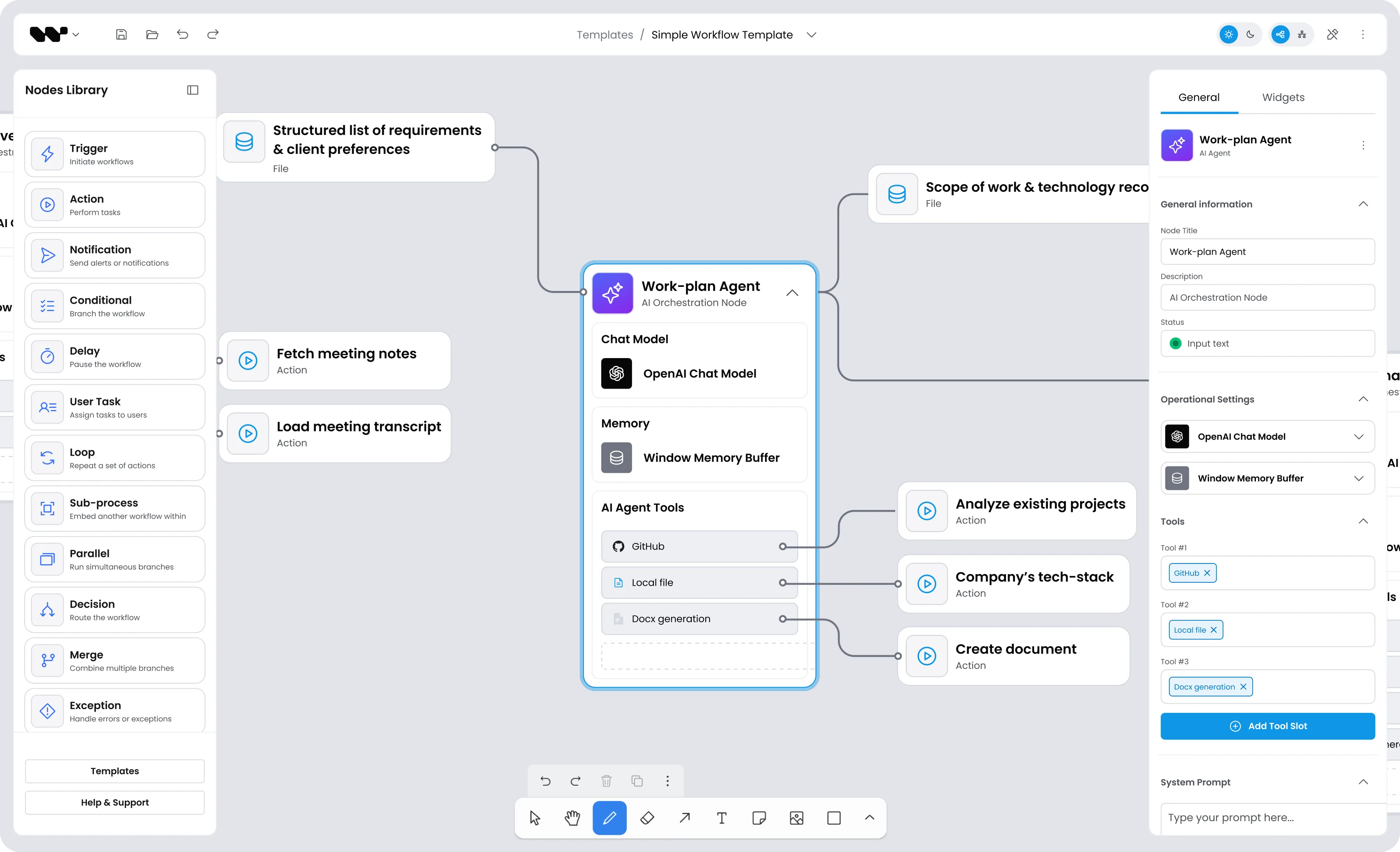  interface with a visual representation of an AI agent workflow – diagram shows structured task flow, memory handling, and editable agent properties in the right-hand panel