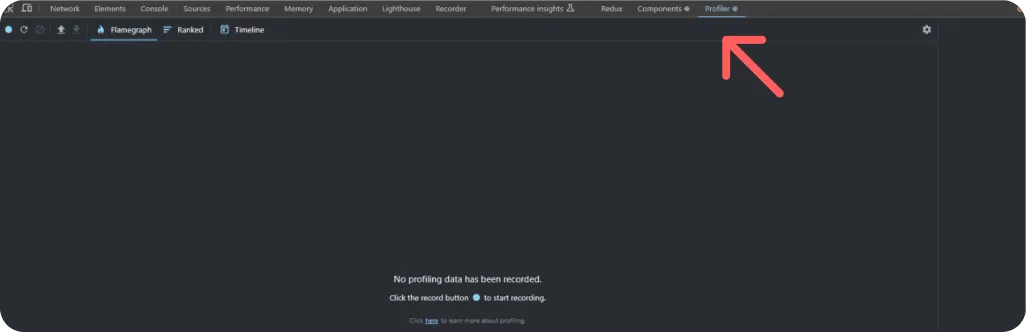 Dark-themed browser developer tools open to the Profiler tab with a red arrow pointing to the record button; message shows no profiling data recorded yet.