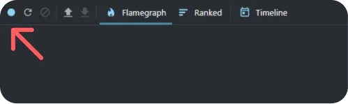 A dark interface toolbar with icons including a red arrow pointing to a circular reload button, followed by disabled buttons and tabs labeled Flamegraph, Ranked, and Timeline.