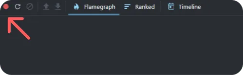 Dark gray software interface header with tabs labeled Flamegraph, Ranked, and Timeline, with a red circular icon on the left.