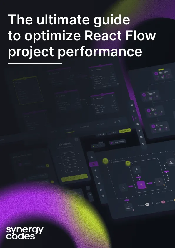 Cover page with the title 'The ultimate guide to optimize React Flow project performance' showing dark-themed interface diagrams and the Synergy Codes logo.