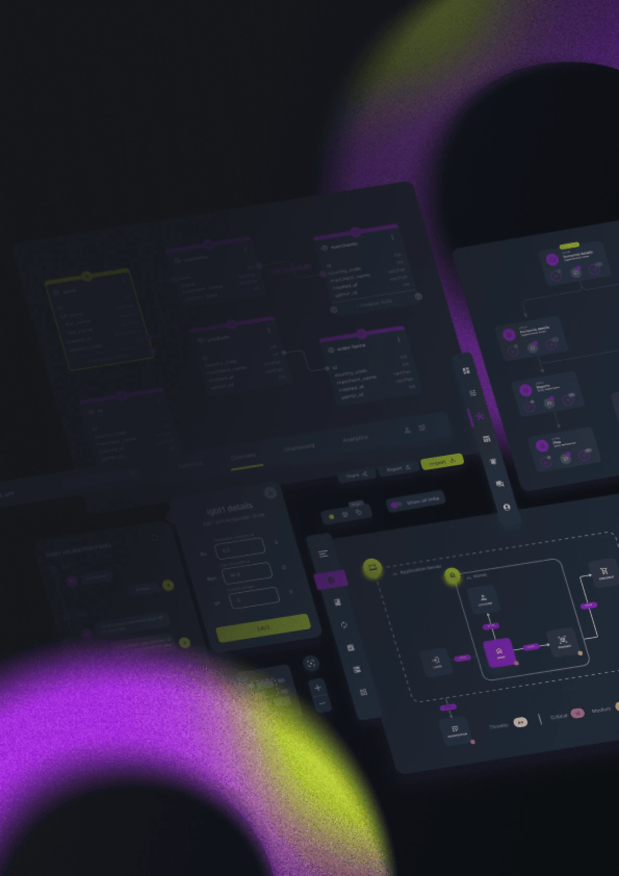 Dark-themed user interface with flowcharts and data tables highlighted in purple and green neon colors.