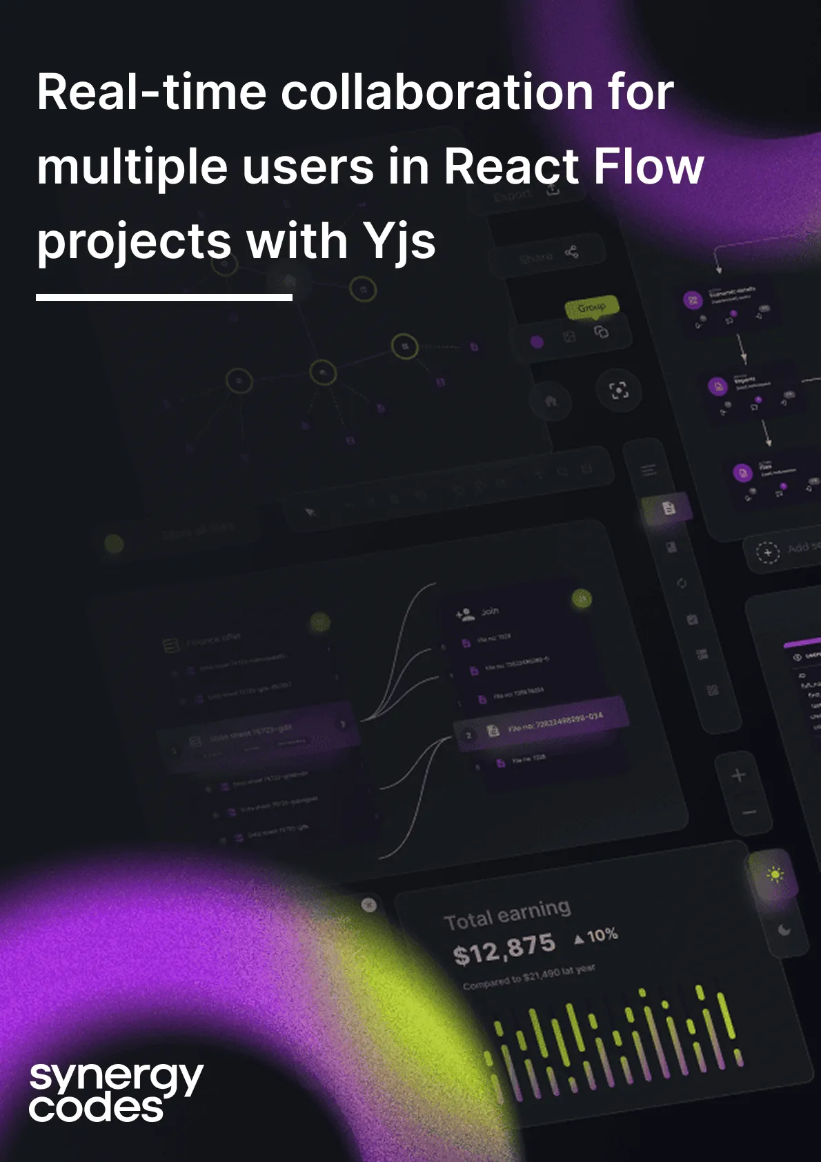 Interface showcasing real-time collaboration features for multiple users in React Flow projects using Yjs, with dark theme dashboard and Synergy Codes logo.