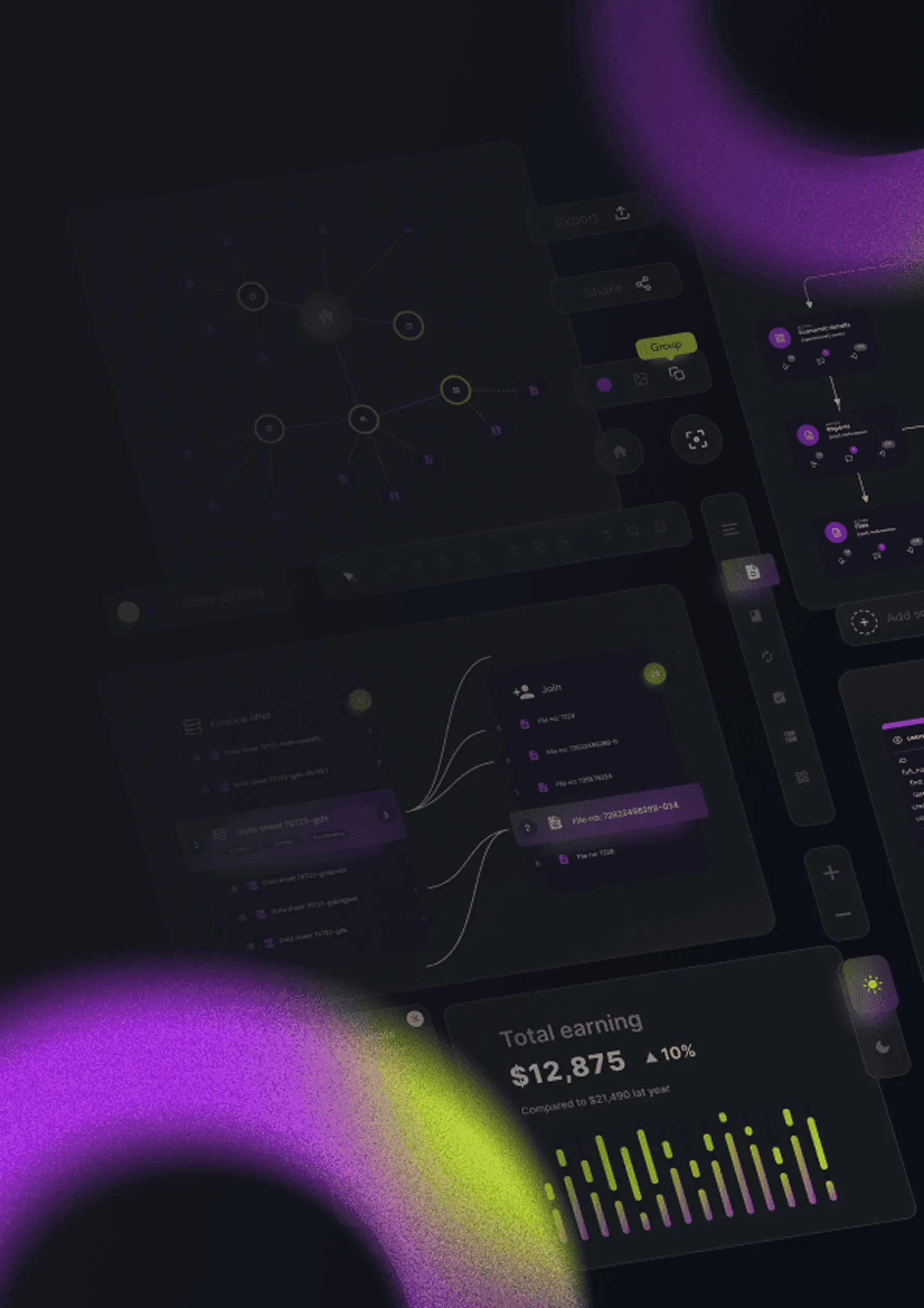 Dark-themed dashboard interface with data visualizations, node connections, workflow steps, and a total earnings graph showing $12,875 with a 10% increase.