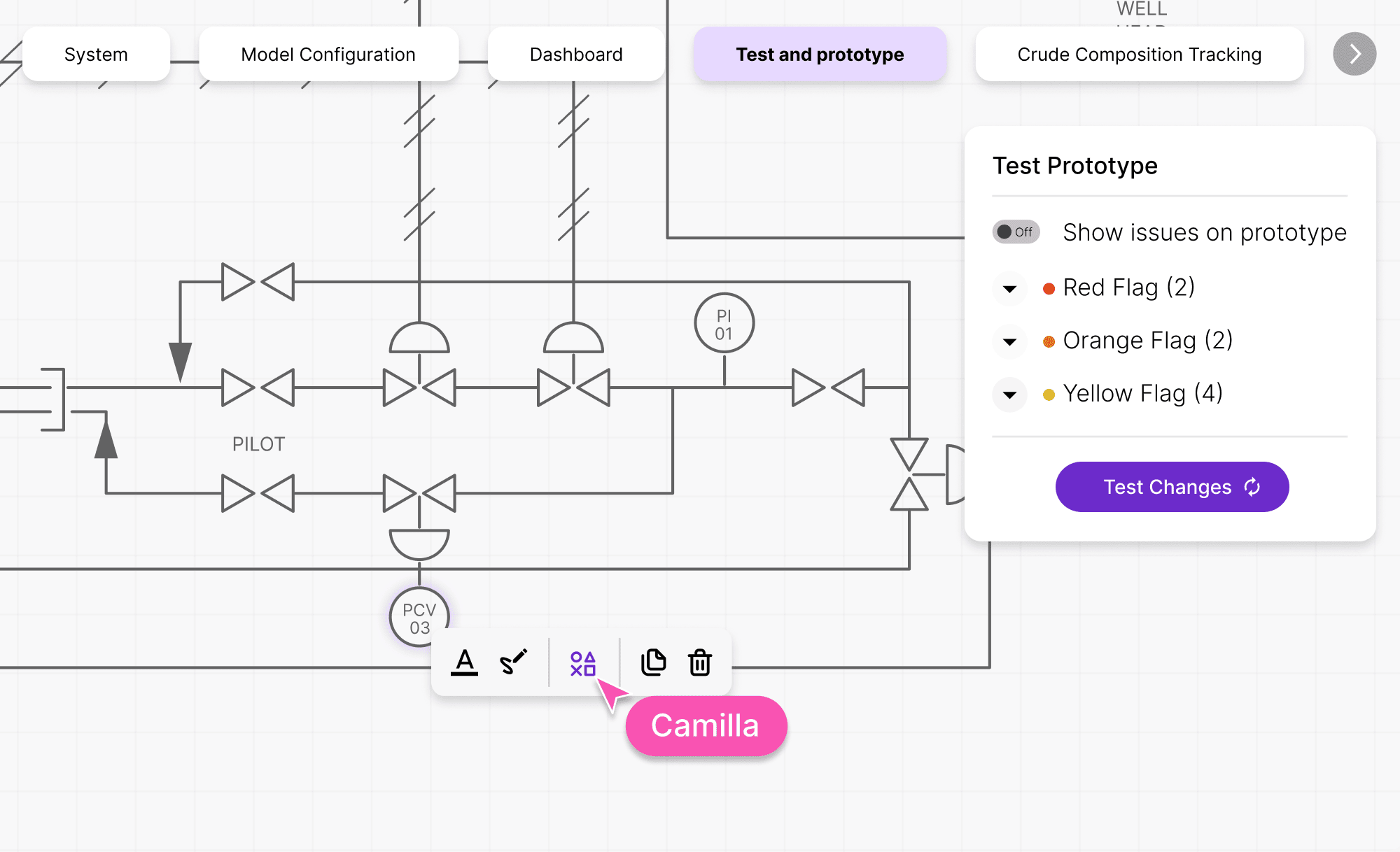 Test prototype interface showing flagged issues on a pipeline system.