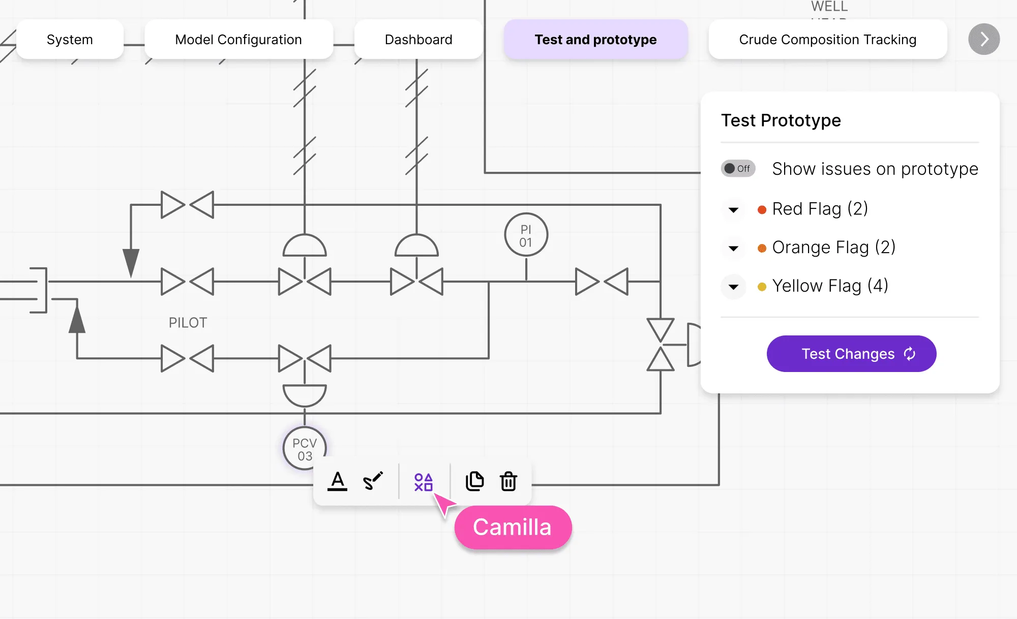 Test prototype interface showing flagged issues on a pipeline system.