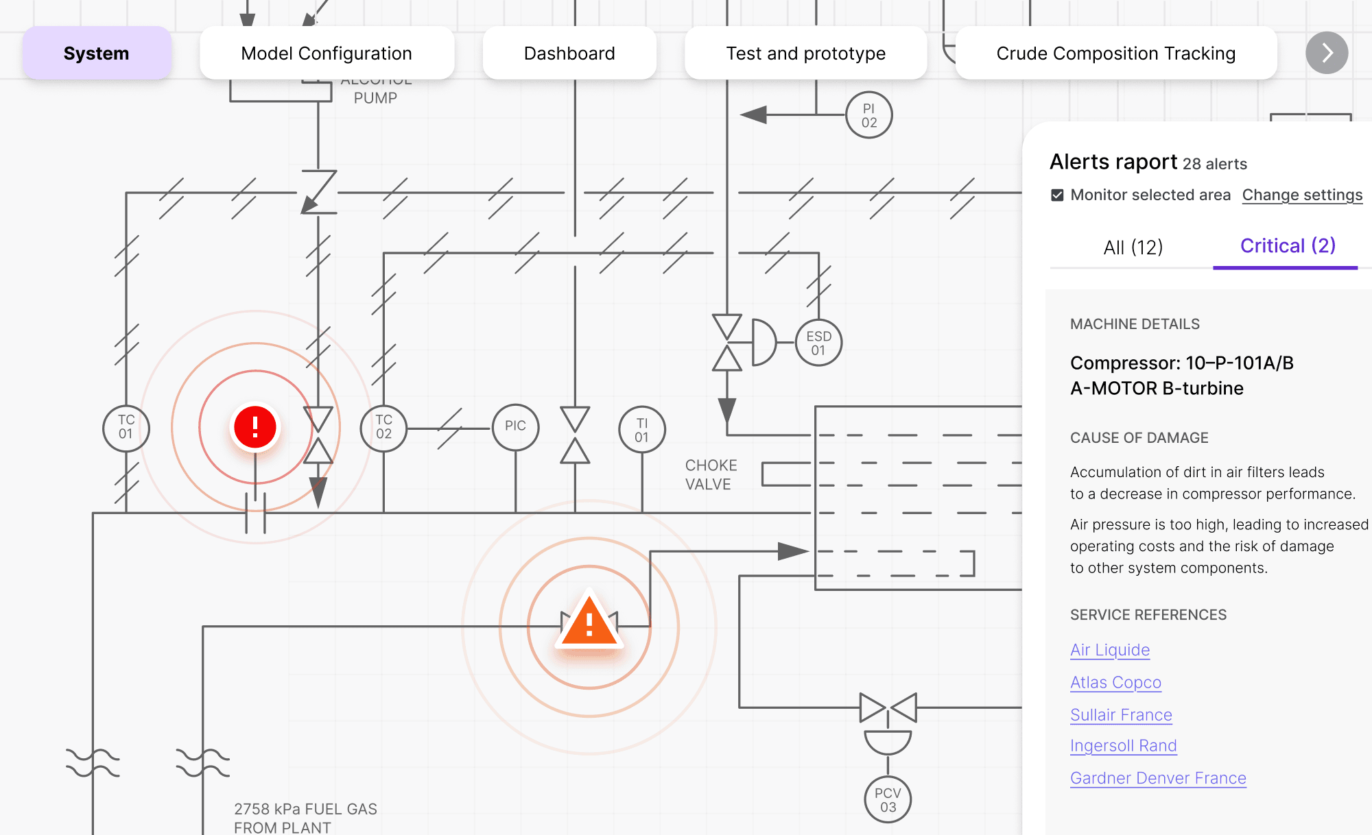 Critical alerts displayed on a process diagram with machine details panel.