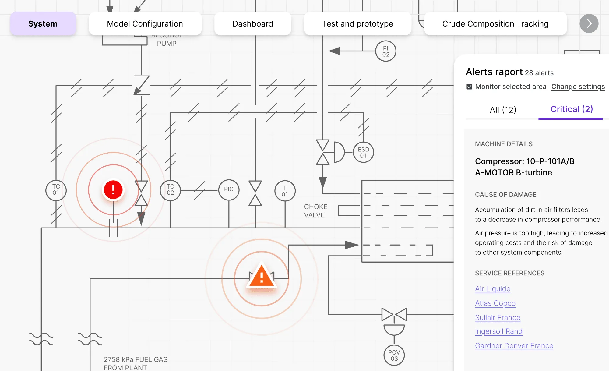 Critical alerts displayed on a process diagram with machine details panel.