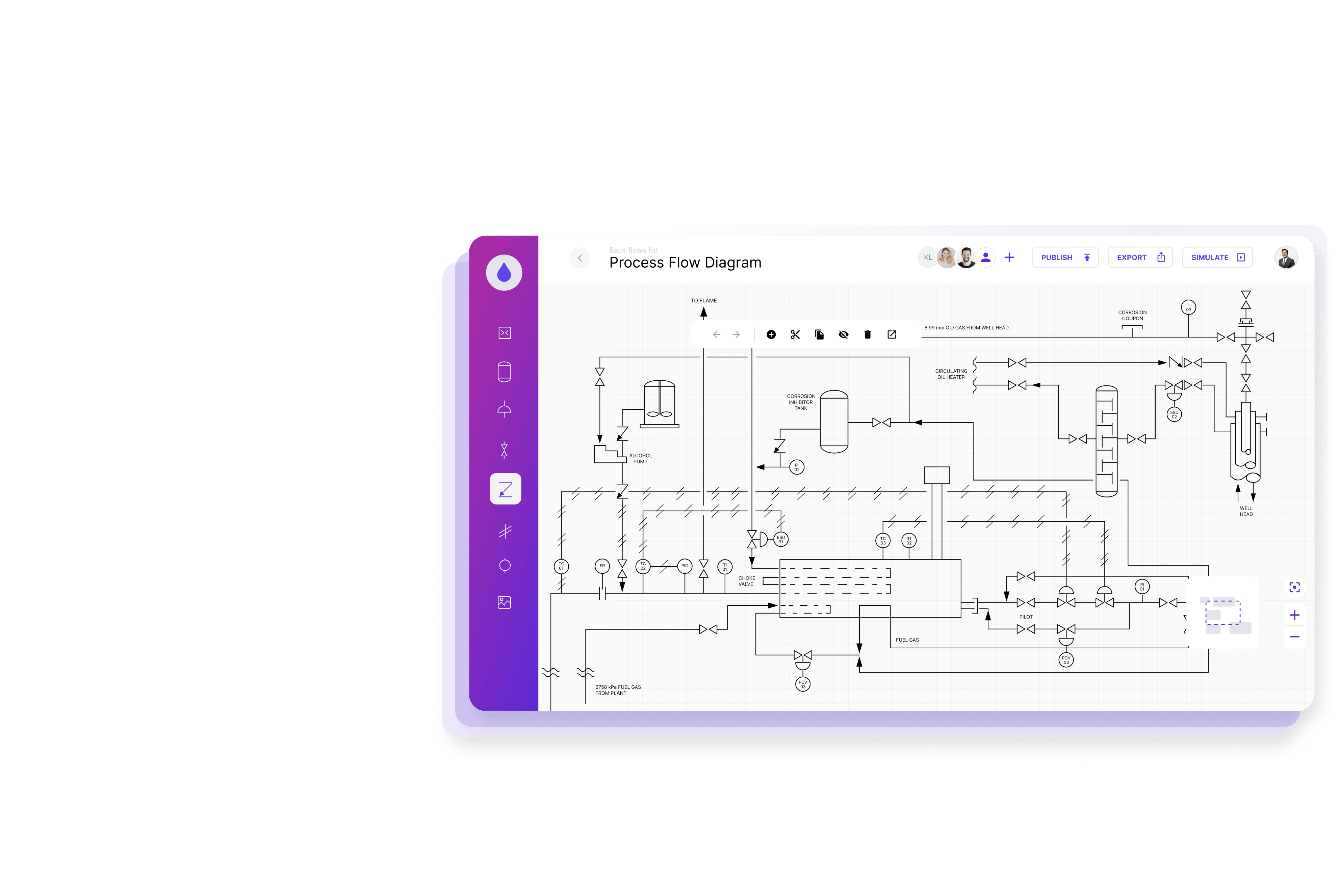 View of Kube application's user interface with two canvas depitcting a entity diagram, export feature, and filters.