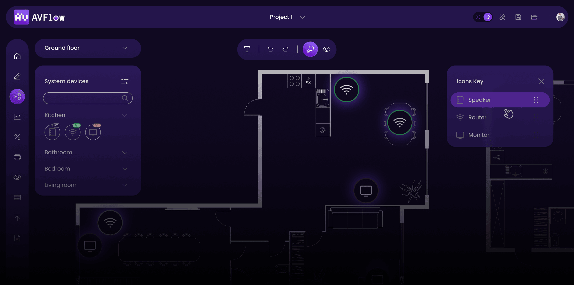 Floorplan with labeled AV devices like routers and monitors for room-specific system design.