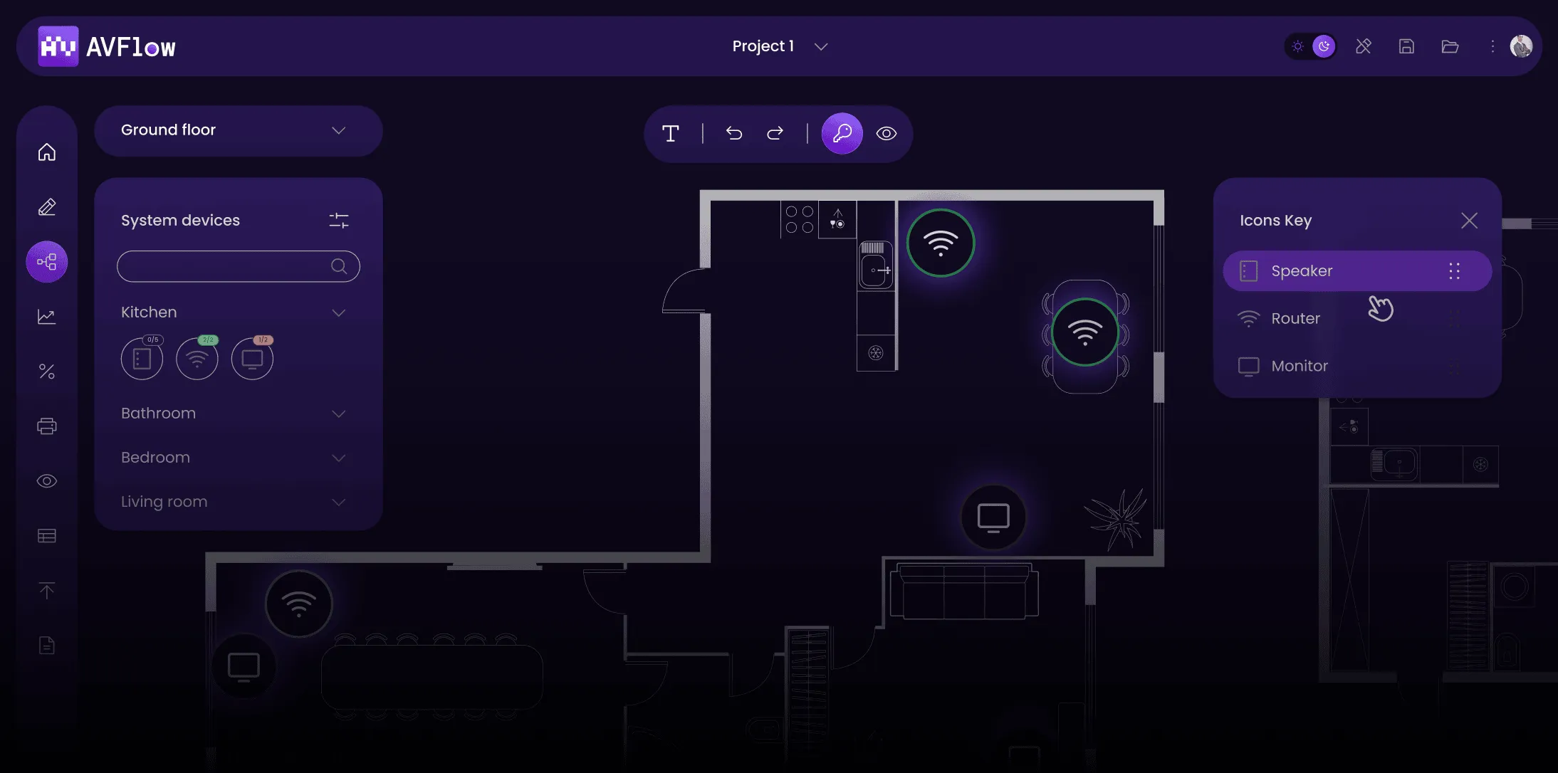 Floorplan with labeled AV devices like routers and monitors for room-specific system design.
