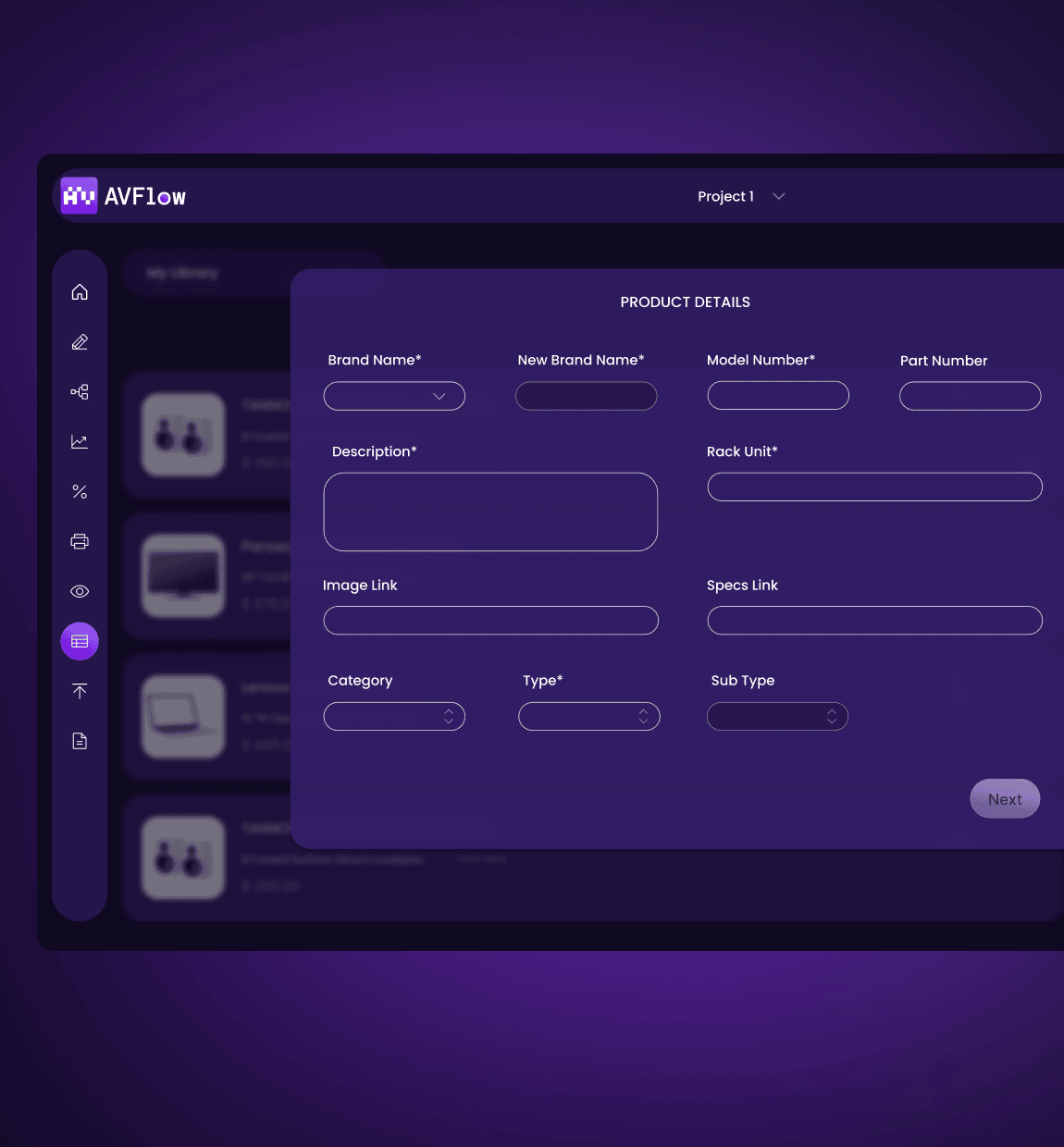 Creation interface for AV system quoting, with image previews and room overviews.