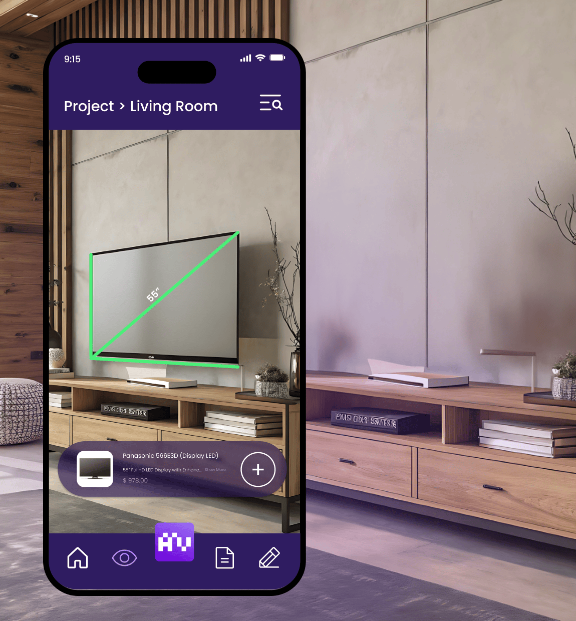 Mobile app measuring a TV in a living room with product details overlayed.