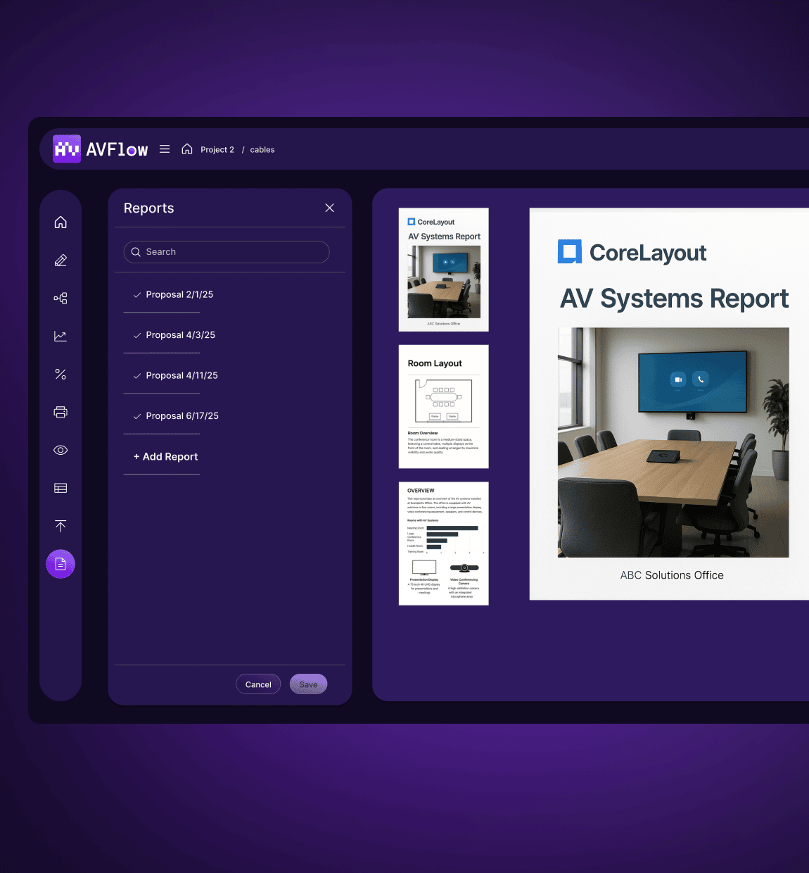Dashboard showing search and grouping tools for AV devices by room or type.